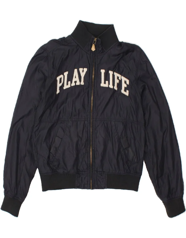 women's coats with sheer overlaysPLAYLIFE Womens Graphic Bomber Jacket UK 14 Medium Navy Blue