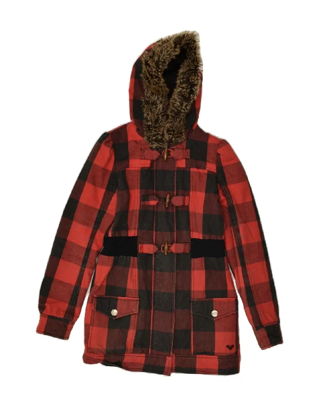 women's coats for petite womenROXY Womens Hooded Padded Duffle Coat UK 10 Small Red Check Cotton