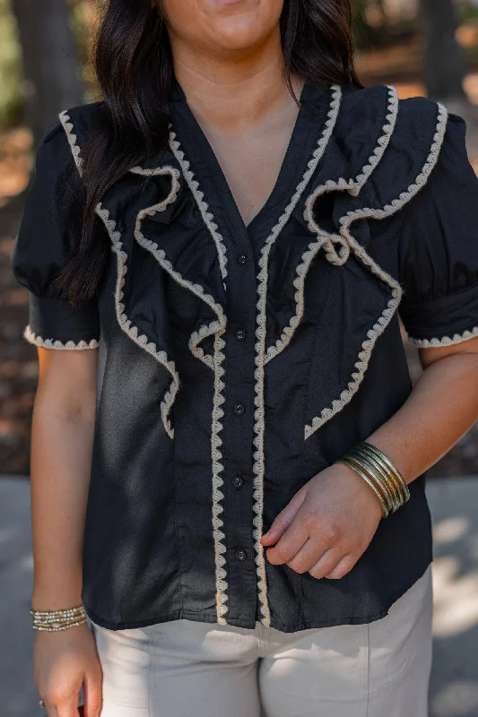 women's curve-hugging dressesRuffled Frills Embroidered Black Top