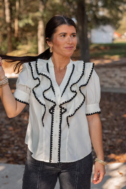 women's metallic dressesRuffled Frills Embroidered Cream Top