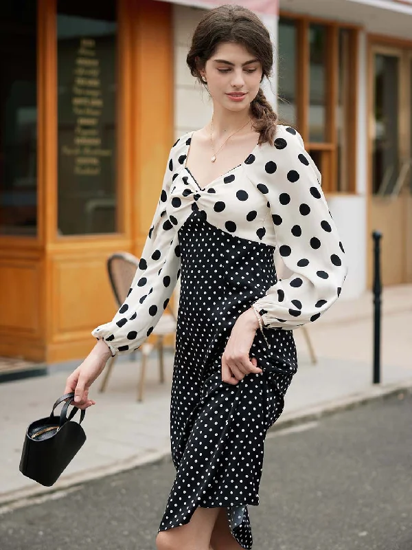 women's chiffon dresses【Final Sale】Saanvi Elegant Square Neck Polka Dot Stitching Balloon Sleeve Dress