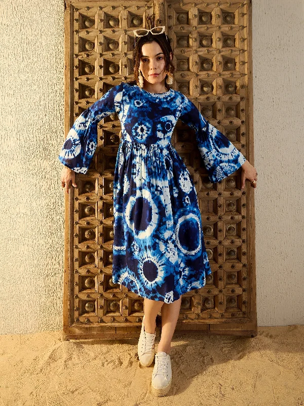 women's A-line dressesBell Sleeve Midi Dress in Blue Tie & Dye-TP0339TD7