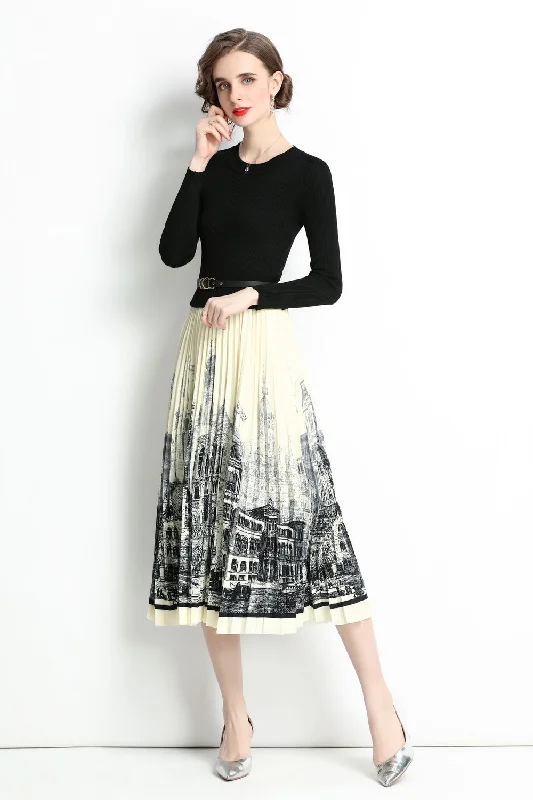 Laced-Up DressBlack & White Office A-line Crewneck Long Sleeve Printed Skirt Midi Dress