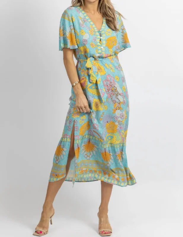 Zipper DressButterfly Sleeve Midi Dress In Light Blue Floral