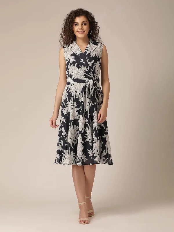 Formal DressCollar with waist tie midi Dress in Navy