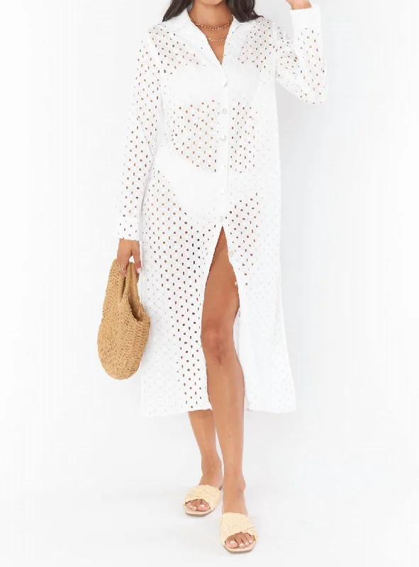 women's stretchy dressesDayton Button Down Midi Dress In White Eyelet