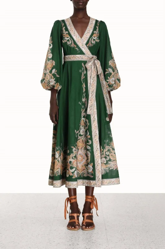 Elegant DressDevi Wrap Midi Dress In Emerald Paisley