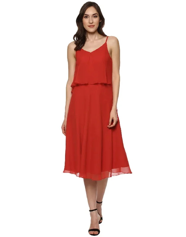 Silk DressFlare yoke midid dress in Red