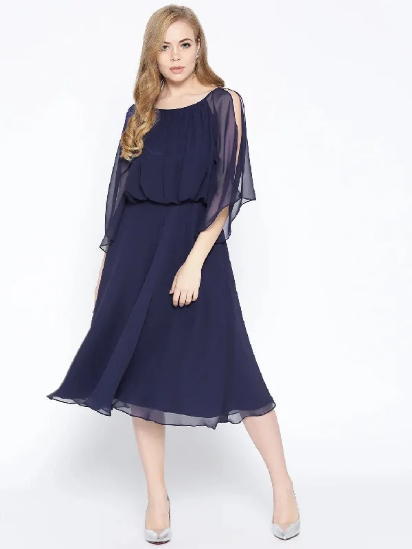 Peplum Hem DressFlared midi dress with blouson yoke in Midnight Blue