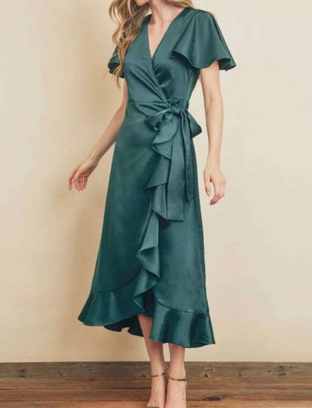 Pearl DressFlutter Sleeve Midi Wrap Dress in Emerald