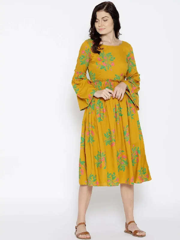 Peter Pan Collar DressForal Print Midi Dress with bell sleeve in Mustard