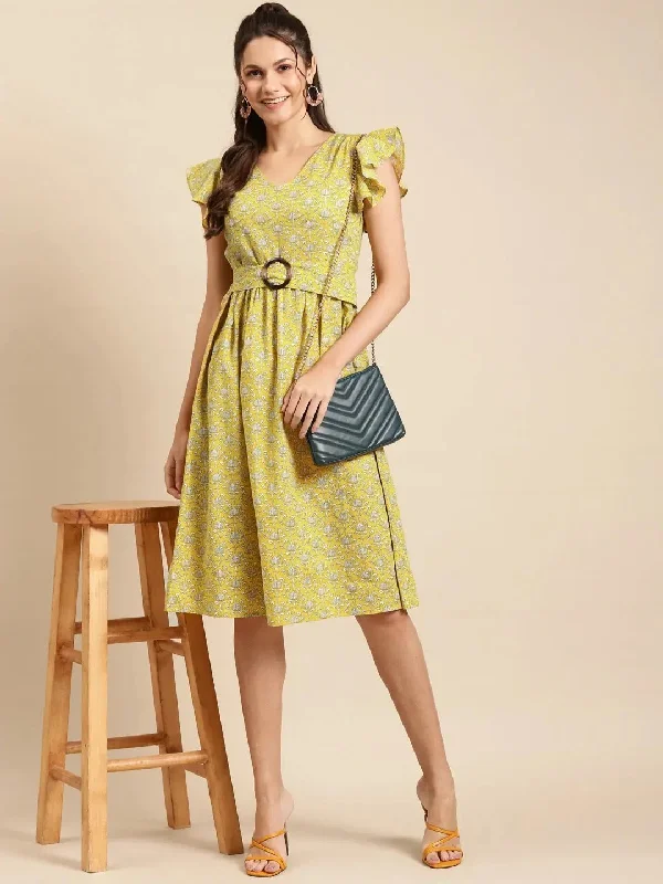 women's pear-shaped body dressesFrill sleeve printed midi dress with buckle belt in Yellow print