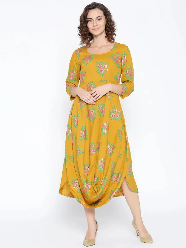 Sweetheart Neckline DressFront Cowl Midi Dress with Rose print in Mustard