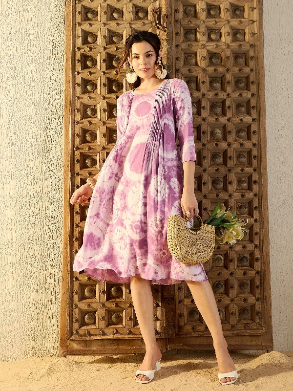 Fit-And-Flare DressFront Tucks with Back opening Midi Dress in Lavender Tie & Dye-TP0488TD8