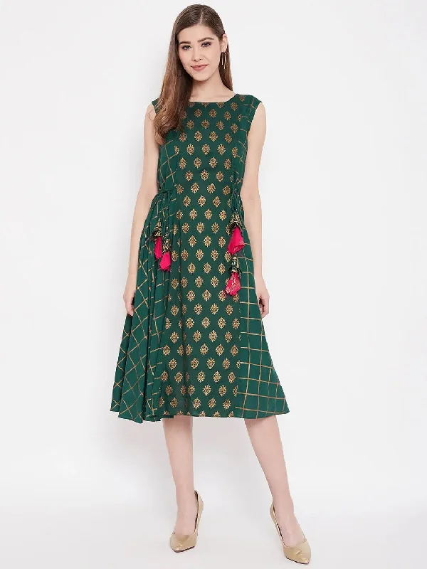 women's fair-trade dressesFront yoke side waist tie midi dress in Bottle Green