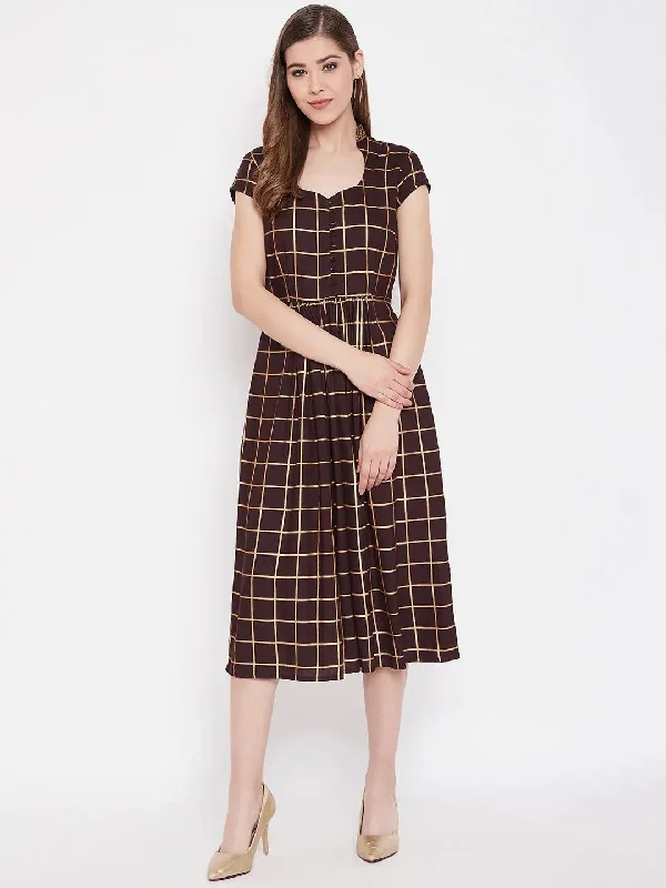 women's maximalist dressesMidi Flare Dress with front loops in Brown