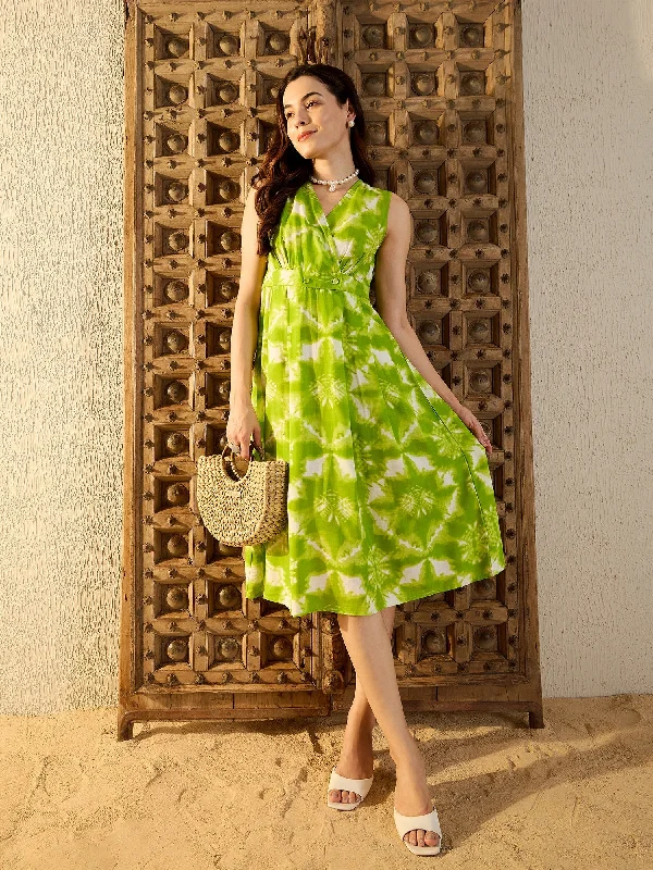 Ruffle DressOver lap neck Midi Dress in Lime Green Tie & Dye-TP0457TD11