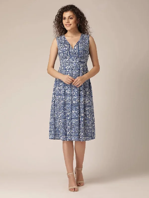 Empire DressOverlap Yoke Midi Dress in Blue Print