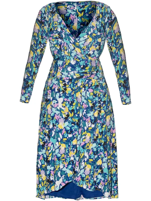 women's short-sleeved dressesPlus Womens Floral Print Faux Wrap Midi Dress