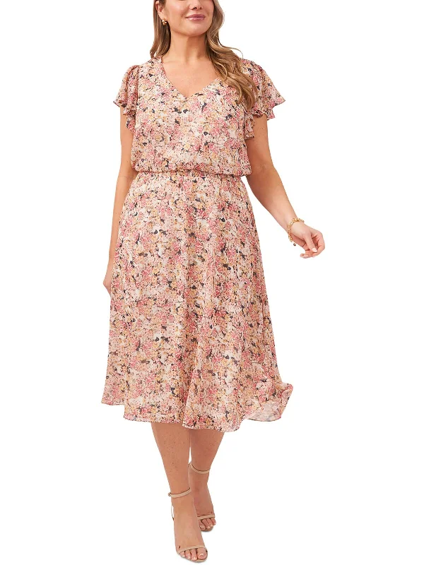 Crepe DressPlus Womens Floral Print Mid Calf Midi Dress