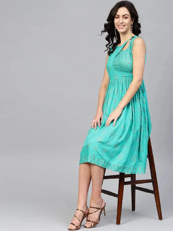 women's limited-edition dressesPrinted Midi Dress with asymmetric overlap neck in Mint Blue