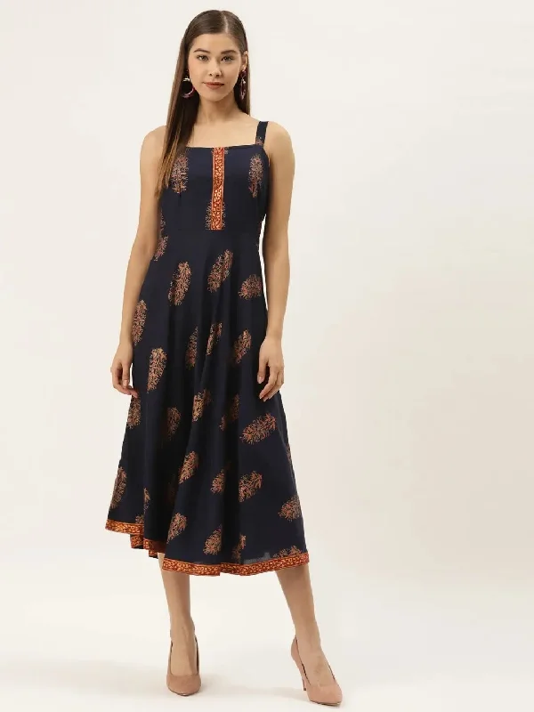 Statement DressShoulder strap flared midi dress in navy