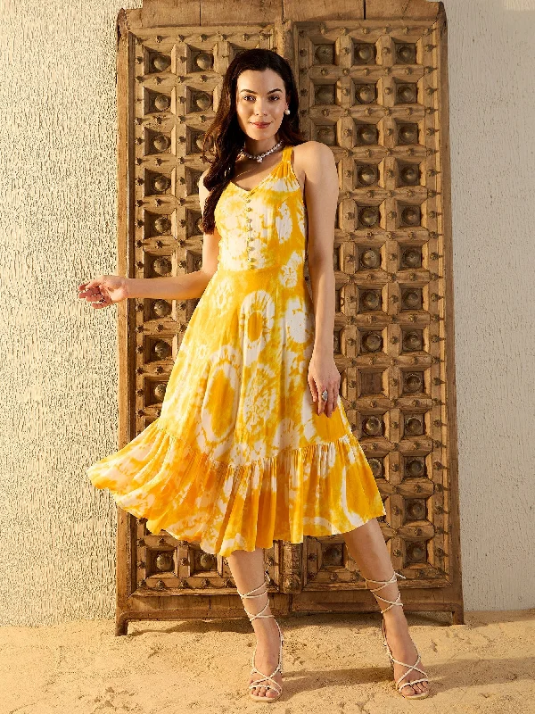 Striped DressStrappy Layered Midi Dress in Yellow Tie & Dye-TP0479TD6