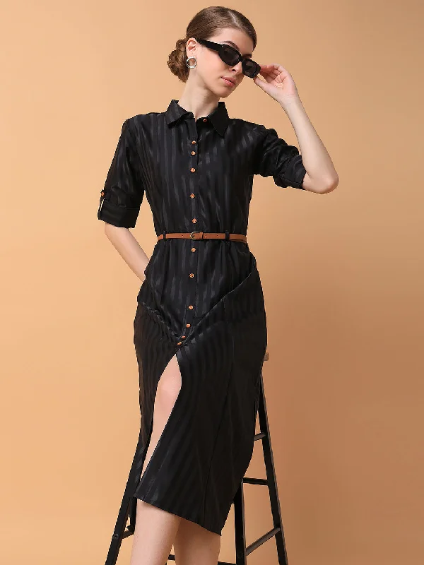 women's mini dressesWomen Solid Black Midi Shirt Style Dress with Belt-DF-4777-Black