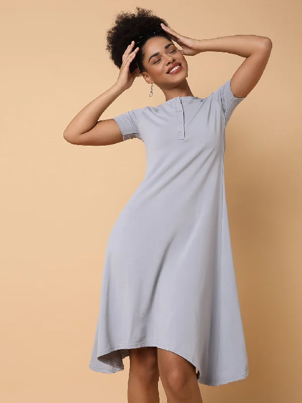 Ball Gown DressWomen Solid Grey Midi A Line Dress-AE-15890-Grey