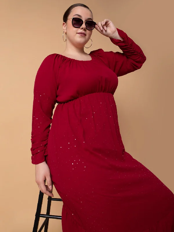 Tiered DressWomen Solid Maroon Fit and Flare Midi Dress-8I-7084-Maroon