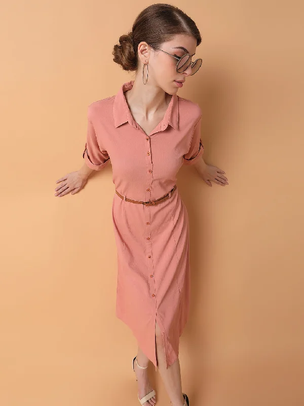 women's formal dressesWomen Solid Peach Midi A-Line Dress with Belt-DF-4774-Peach