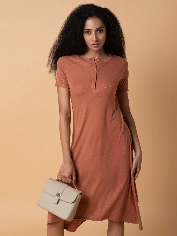 women's sustainable dressesWomen Solid Rust Midi A-Line Dress-AE-15889-Rust