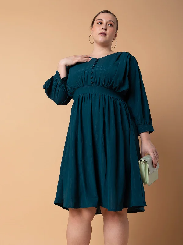 High-Low DressWomen Solid Teal Fit and Flare Midi Dress-8I-7086-Teal