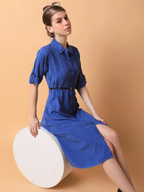 women's flutter-sleeved dressesWomen Striped Blue Midi A-Line Dress with Belt-AE-4211-Blue