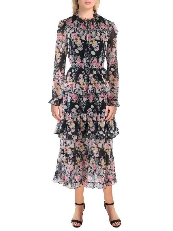 women's solid color dressesWomens Chiffon Floral Midi Dress