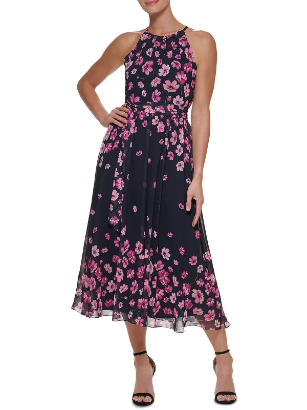 Satin DressWomens Floral Print Tea Length Midi Dress