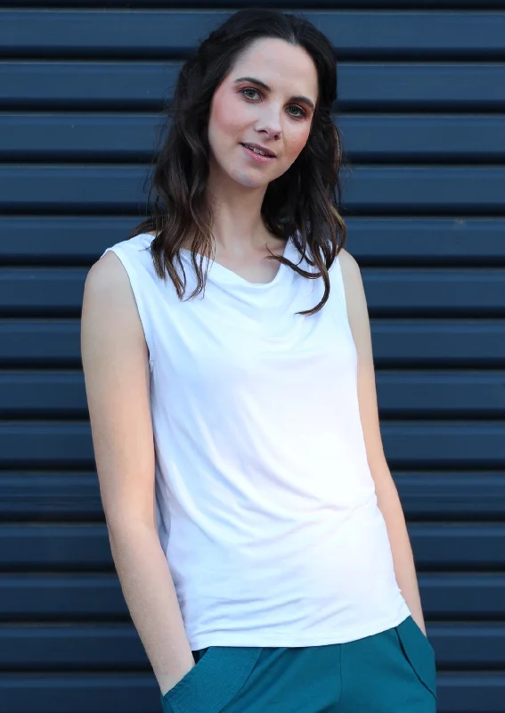 women's tops with ruffled hemsCowl Neck Singlet Top White