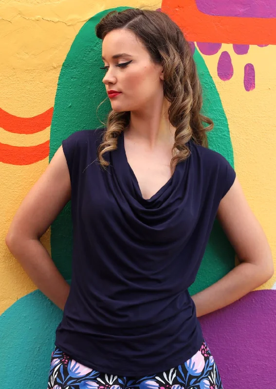 women's tops for statement-making outfitsCowl Neck Top Navy Blue