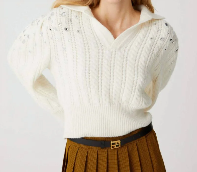 Extra-Large Flannel-Lined SweatersEmbroidered Sleeves Polo Sweater In Off White