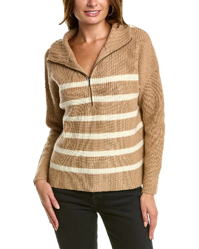 Fitted Oversized Cardigan SweatersForte Cashmere Striped Rib Mock Neck Wool & Cashmere-Blend 1/2-Zip Sweater