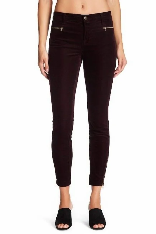 Iselin Burgundy Gold Ankle Zip Corduroy Stretch Jeans In Dark Burgundy