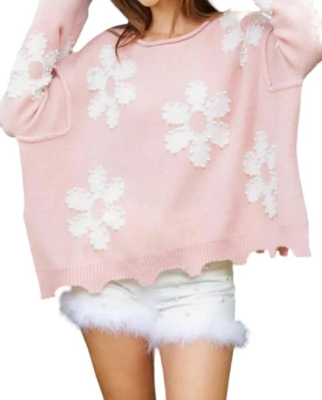 Plus-Size Flannel SweatersPretty Pearls Sweater In Pink