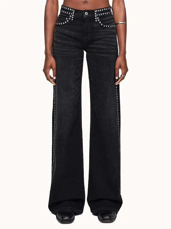 Studded Mid Rise Wide Leg Jeans In Crafted Black